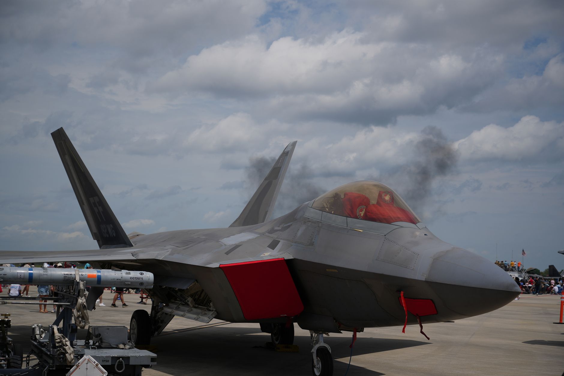 F-22 Raptor fighter jet showcased at an airbase in Hampton, Virginia.